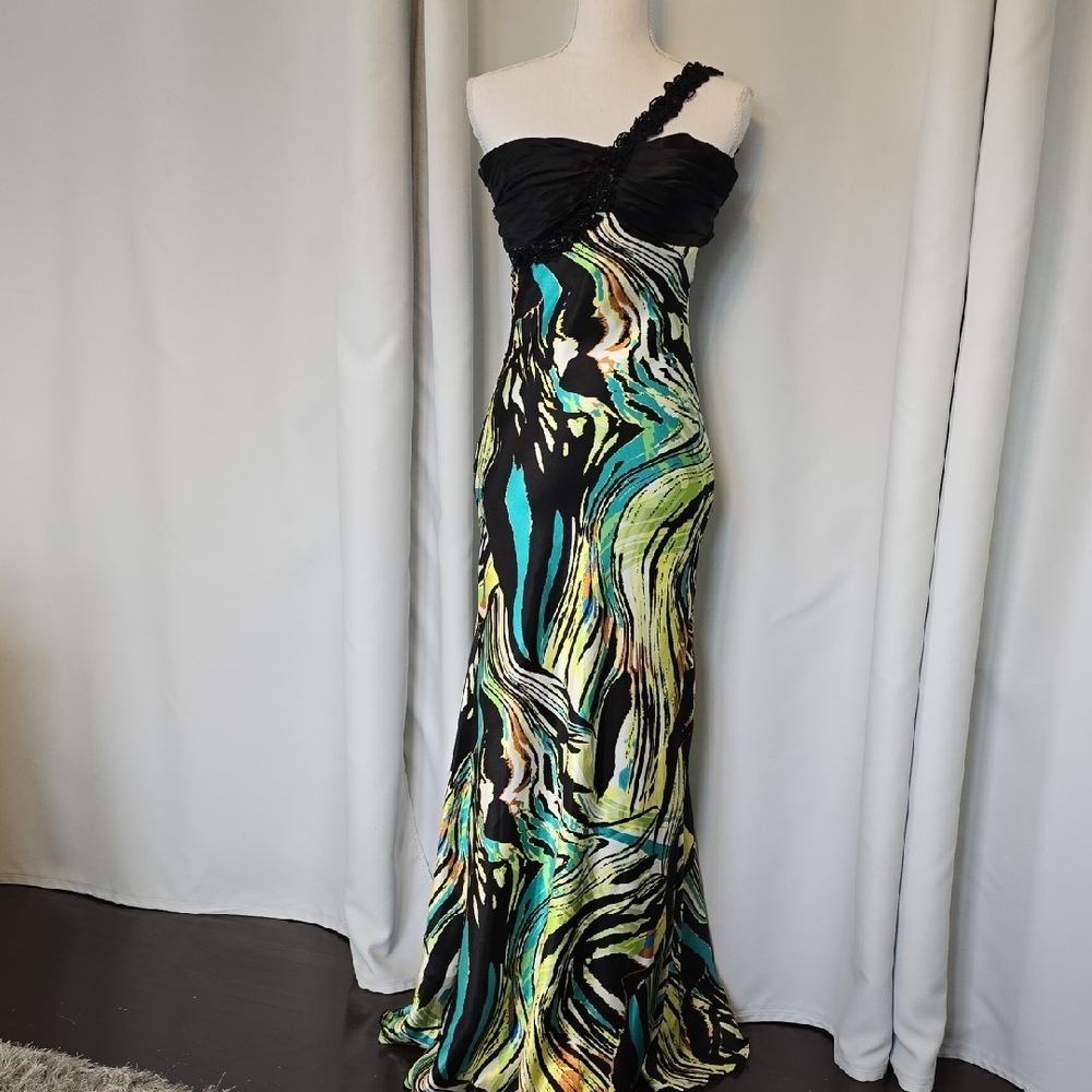 Deb One-Shoulder Black and Green Dress